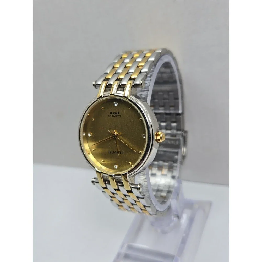 Vintage HMT Swarna Quartz Gold Silver Two Tone Gold 31mm Watch New Battery